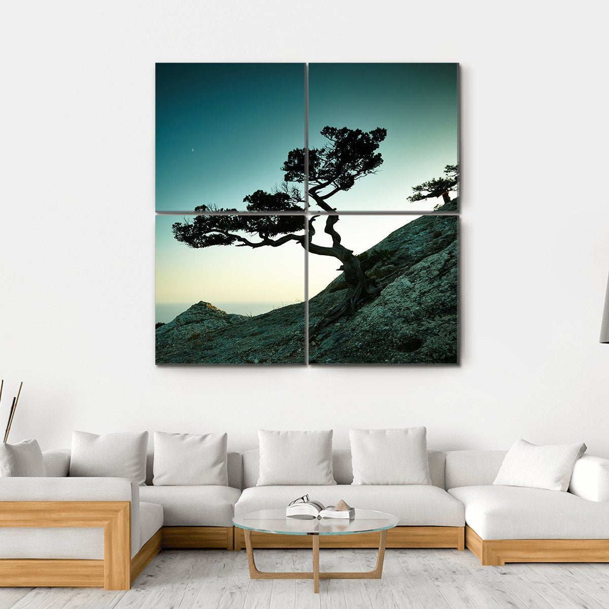 Tree & Sea At Sunset Canvas Wall Art-4 Square-Gallery Wrap-17" x 17"-Tiaracle