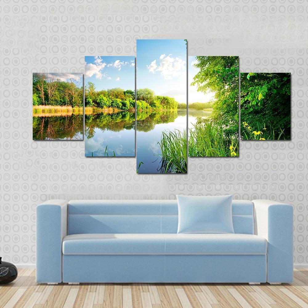 Trees By Calm River In The Morning Canvas Wall Art-5 Star-Gallery Wrap-62" x 32"-Tiaracle