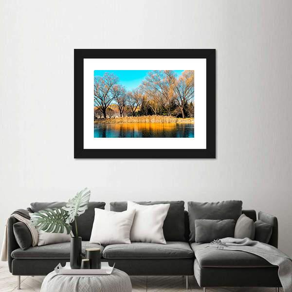 Trees By The Lake In Autumn Canvas Wall Art-1 Piece-Framed Print-20" x 16"-Tiaracle
