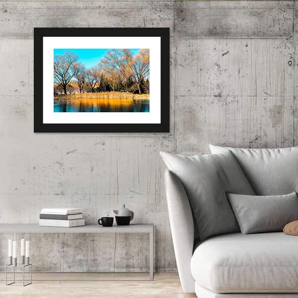 Trees By The Lake In Autumn Canvas Wall Art-3 Horizontal-Gallery Wrap-25" x 16"-Tiaracle