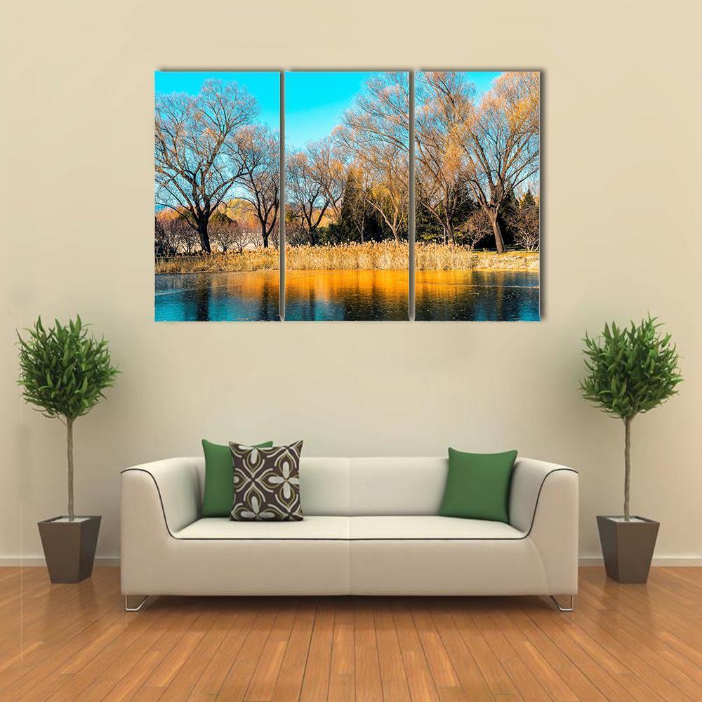 Trees By The Lake In Autumn Canvas Wall Art-3 Horizontal-Gallery Wrap-37" x 24"-Tiaracle
