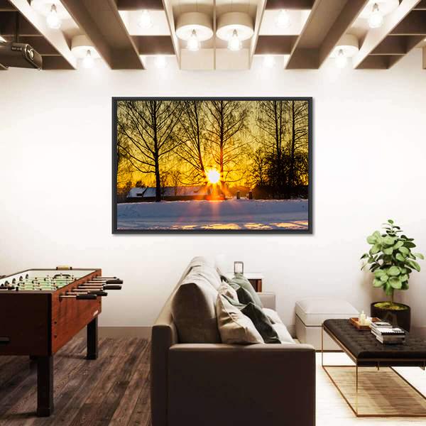 Trees In A Cold Winter Day With The Sun Rays Canvas Wall Art-3 Horizontal-Gallery Wrap-25" x 16"-Tiaracle