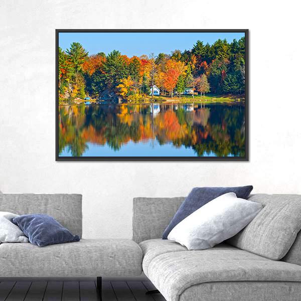 Trees Reflecting In A Calm Lake Canvas Wall Art-1 Piece-Floating Frame-24" x 16"-Tiaracle
