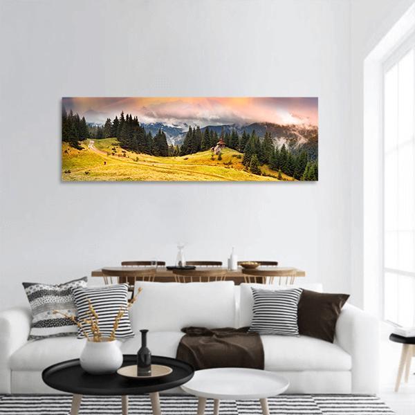 Trekking In The Fall Panoramic Canvas Wall Art-3 Piece-25" x 08"-Tiaracle