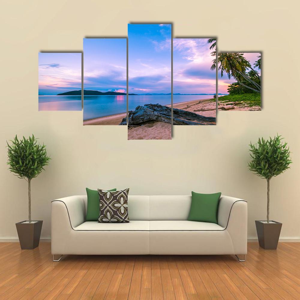 Tropical Beach And Sea At Sunrise Time Canvas Wall Art-5 Star-Gallery Wrap-62" x 32"-Tiaracle