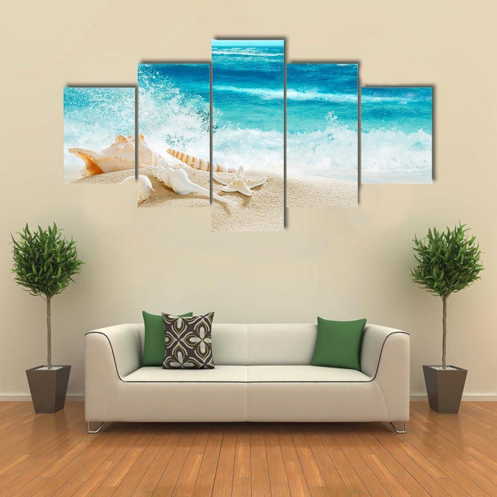 Tropical Beach & Splashing Waves Canvas Wall Art-5 Star-Gallery Wrap-62" x 32"-Tiaracle