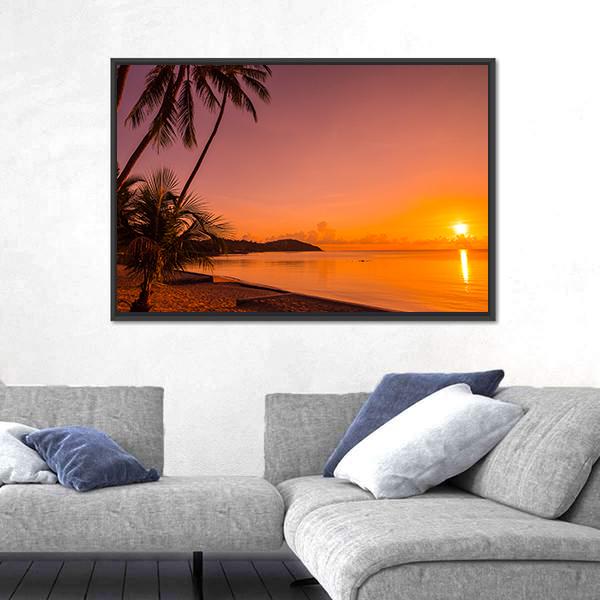 Tropical Beach Sea At Sunrise Time Canvas Wall Art-1 Piece-Floating Frame-24" x 16"-Tiaracle
