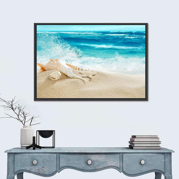 Tropical Beach & Splashing Waves Canvas Wall Art-3 Horizontal-Gallery Wrap-25" x 16"-Tiaracle