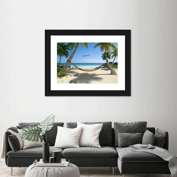 Tropical Beach With A Hammock Hanging From Palm Trees Canvas Wall Art-1 Piece-Framed Print-20" x 16"-Tiaracle