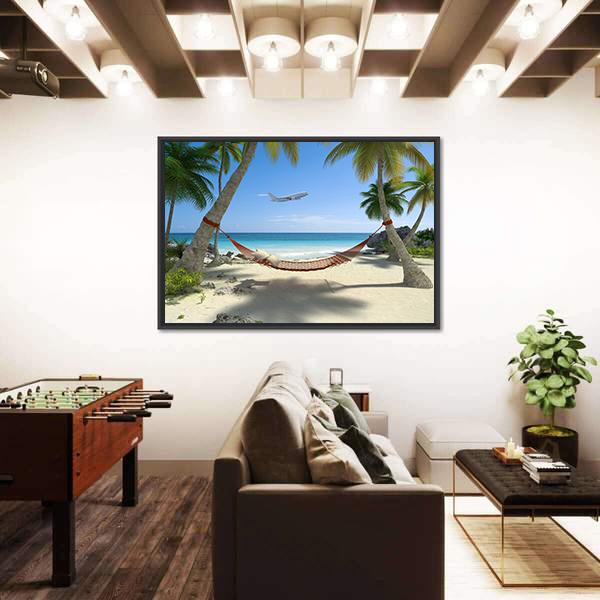 Tropical Beach With A Hammock Hanging From Palm Trees Canvas Wall Art-3 Horizontal-Gallery Wrap-25" x 16"-Tiaracle