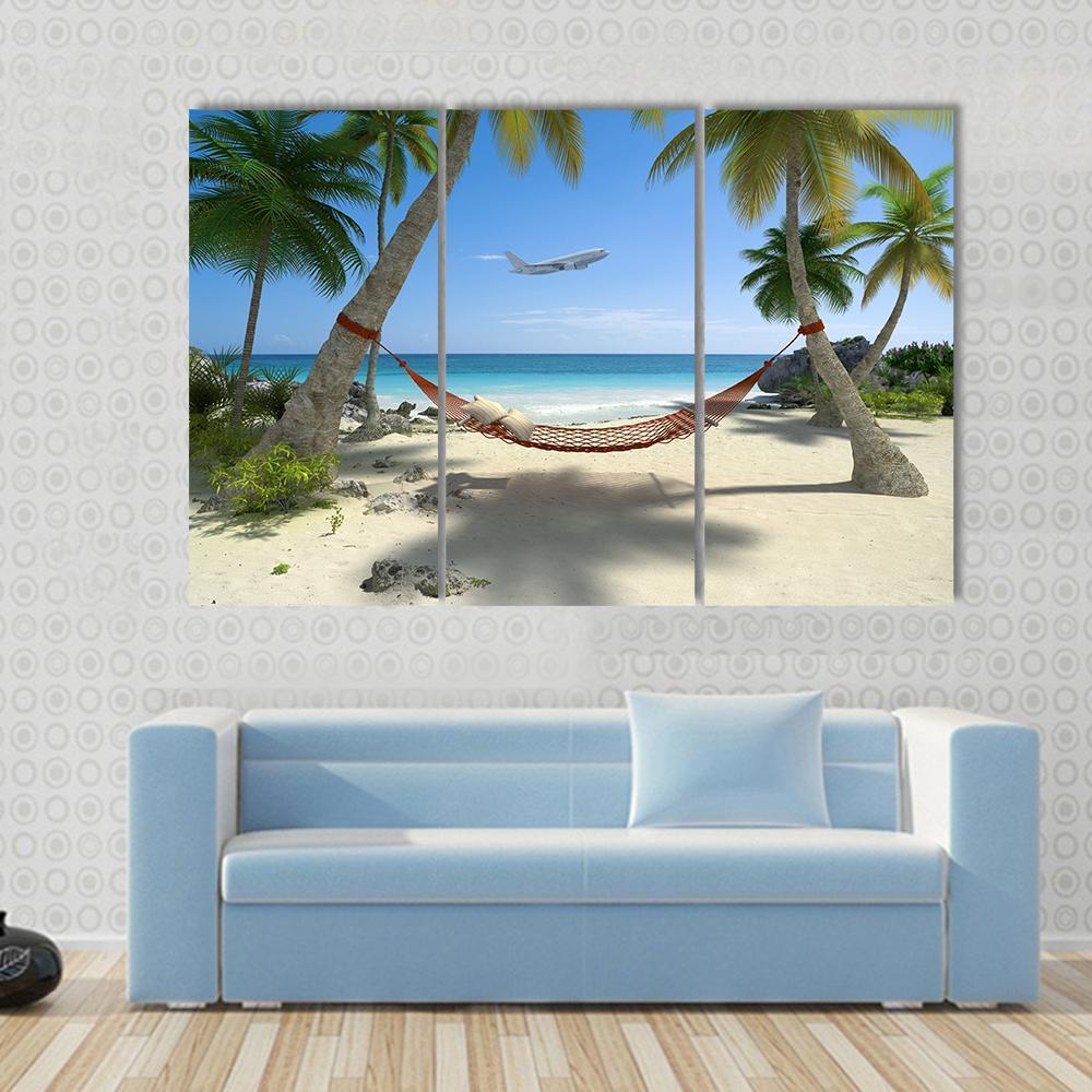Tropical Beach With A Hammock Hanging From Palm Trees Canvas Wall Art-3 Horizontal-Gallery Wrap-37" x 24"-Tiaracle