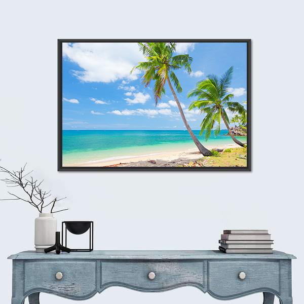 Tropical Beach With Coconut Palm Canvas Wall Art-3 Horizontal-Gallery Wrap-25" x 16"-Tiaracle