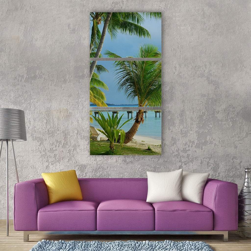 Tropical Beach With Palm Tree Vertical Canvas Wall Art-3 Vertical-Gallery Wrap-12" x 25"-Tiaracle