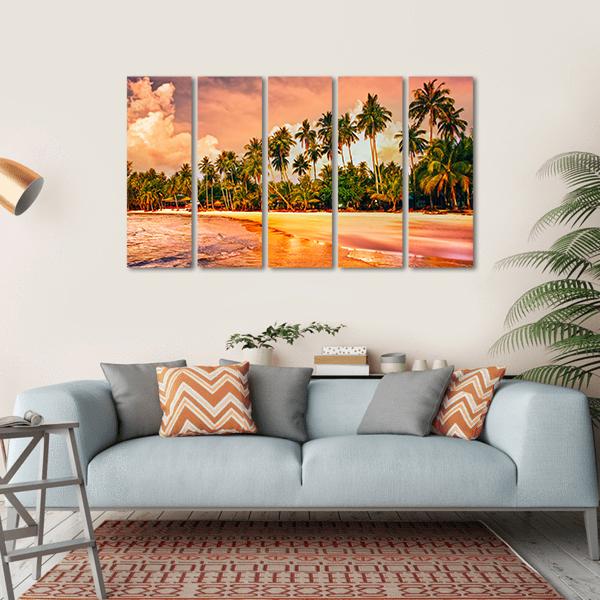 Tropical Beach With Palm Trees At Sunset Canvas Wall Art-5 Horizontal-Gallery Wrap-22" x 12"-Tiaracle