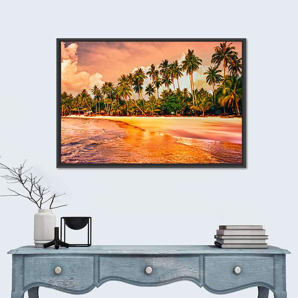 Tropical Beach With Palm Trees At Sunset Canvas Wall Art-3 Horizontal-Gallery Wrap-25" x 16"-Tiaracle
