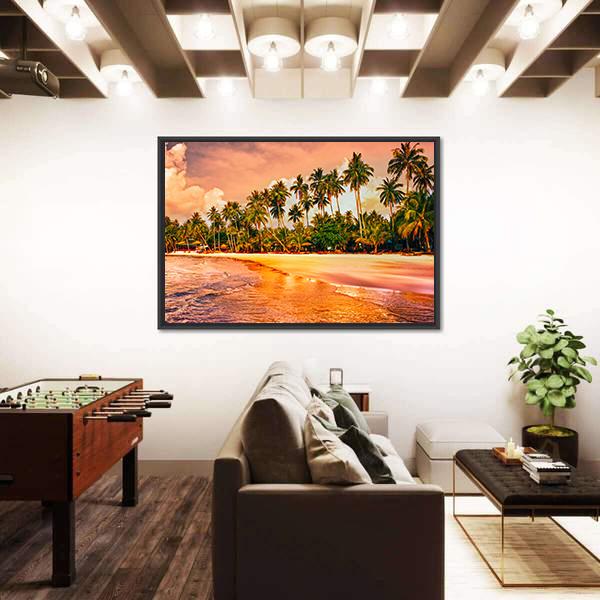 Tropical Beach With Palm Trees At Sunset Canvas Wall Art-3 Horizontal-Gallery Wrap-25" x 16"-Tiaracle