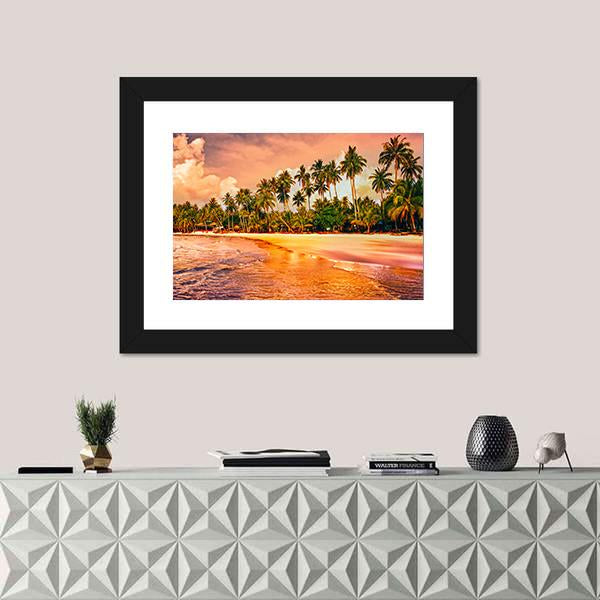 Tropical Beach With Palm Trees At Sunset Canvas Wall Art-3 Horizontal-Gallery Wrap-25" x 16"-Tiaracle