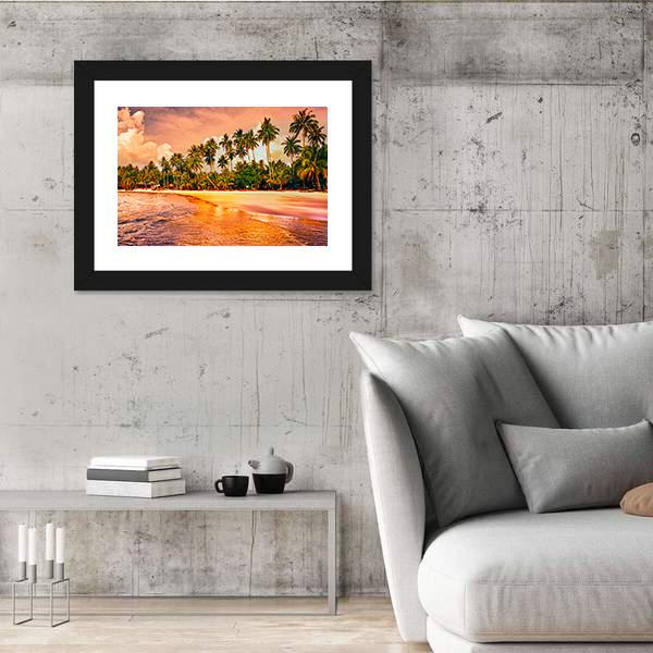Tropical Beach With Palm Trees At Sunset Canvas Wall Art-3 Horizontal-Gallery Wrap-25" x 16"-Tiaracle
