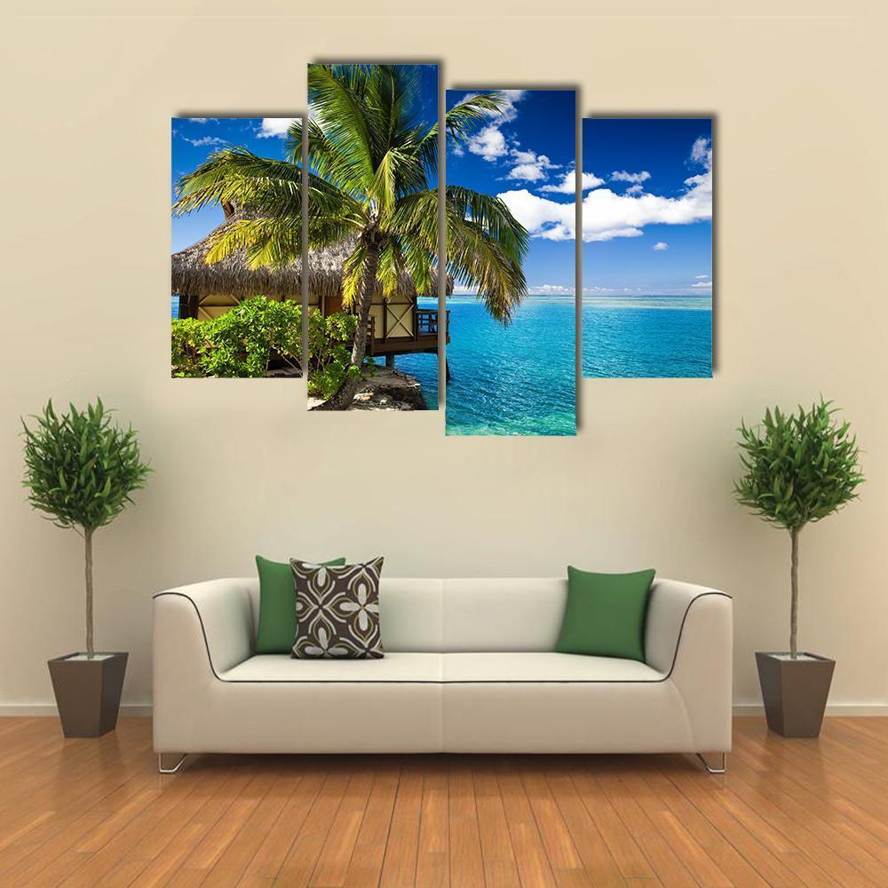 Tropical Bungalow & Palm Tree Canvas Wall Art-4 Pop-Gallery Wrap-50" x 32"-Tiaracle
