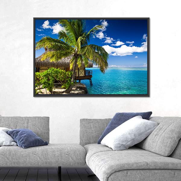 Tropical Bungalow & Palm Tree Canvas Wall Art-1 Piece-Floating Frame-24" x 16"-Tiaracle