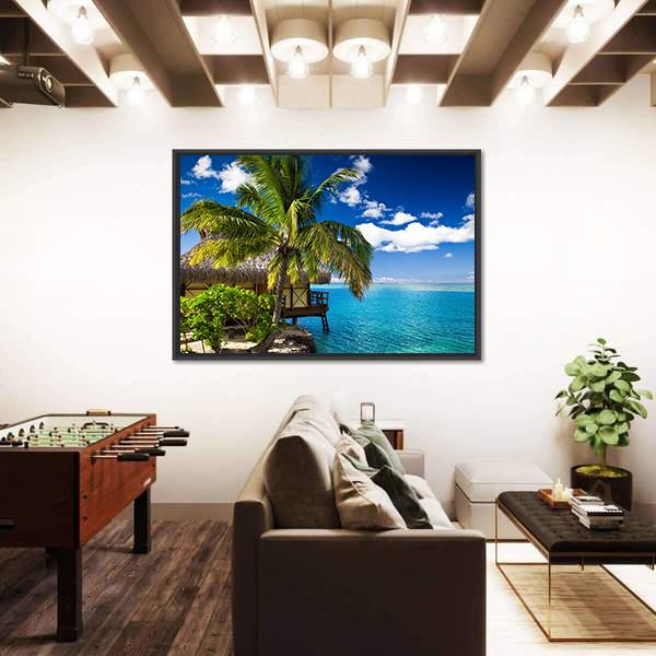 Tropical Bungalow & Palm Tree Canvas Wall Art-3 Horizontal-Gallery Wrap-25" x 16"-Tiaracle