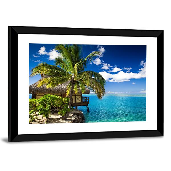 Tropical Bungalow & Palm Tree Canvas Wall Art-3 Horizontal-Gallery Wrap-25" x 16"-Tiaracle