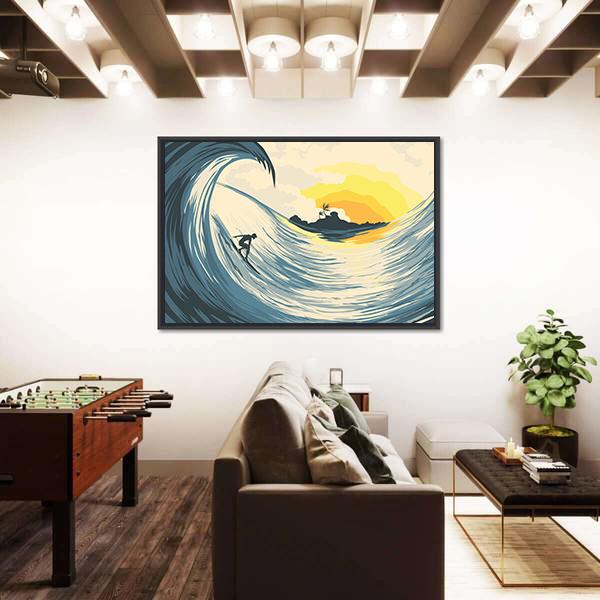 Tropical Island Wave And Surfer At Sunset Canvas Wall Art-5 Horizontal-Gallery Wrap-22" x 12"-Tiaracle