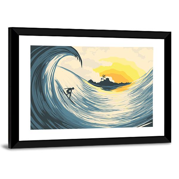 Tropical Island Wave And Surfer At Sunset Canvas Wall Art-5 Horizontal-Gallery Wrap-22" x 12"-Tiaracle