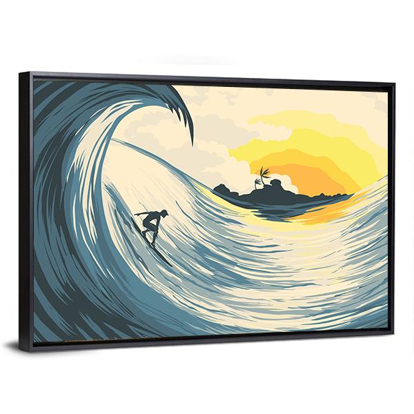 Tropical Island Wave And Surfer At Sunset Canvas Wall Art-5 Horizontal-Gallery Wrap-22" x 12"-Tiaracle