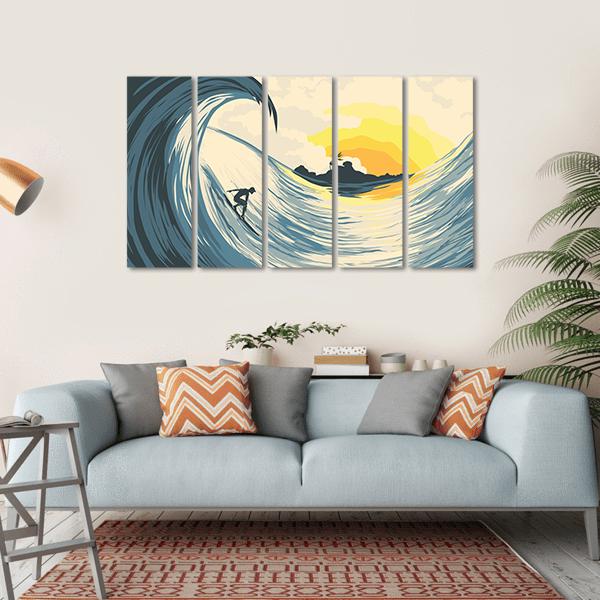 Tropical Island Wave And Surfer At Sunset Canvas Wall Art-5 Horizontal-Gallery Wrap-22" x 12"-Tiaracle