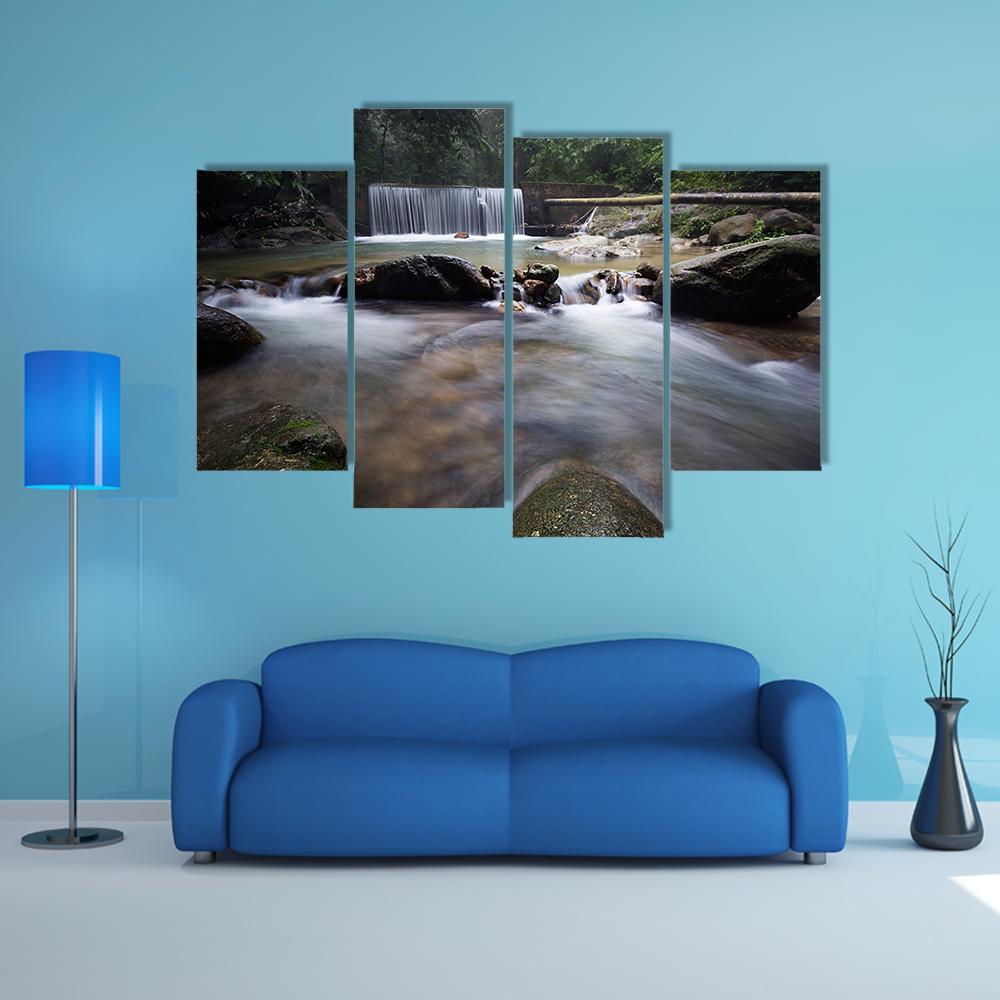 Tropical Rainforest With Waterfall Canvas Wall Art-4 Pop-Gallery Wrap-50" x 32"-Tiaracle