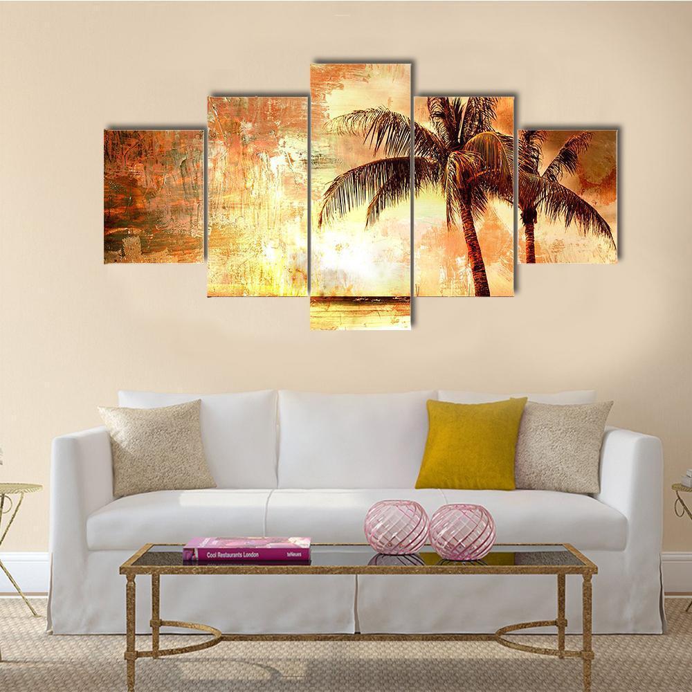 Tropical Sunset Artwork Canvas Wall Art-5 Star-Gallery Wrap-62" x 32"-Tiaracle