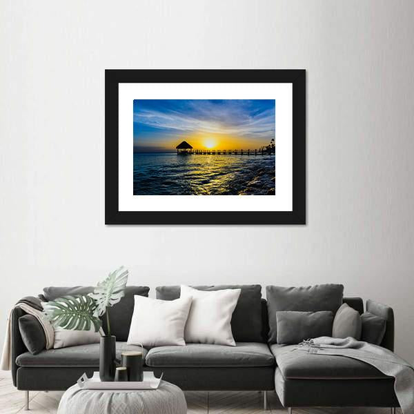 Tropical Sunset View Of Pier Of Caribbean Beach Canvas Wall Art-1 Piece-Framed Print-20" x 16"-Tiaracle