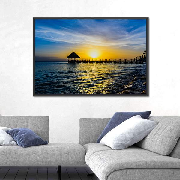 Tropical Sunset View Of Pier Of Caribbean Beach Canvas Wall Art-1 Piece-Floating Frame-24" x 16"-Tiaracle