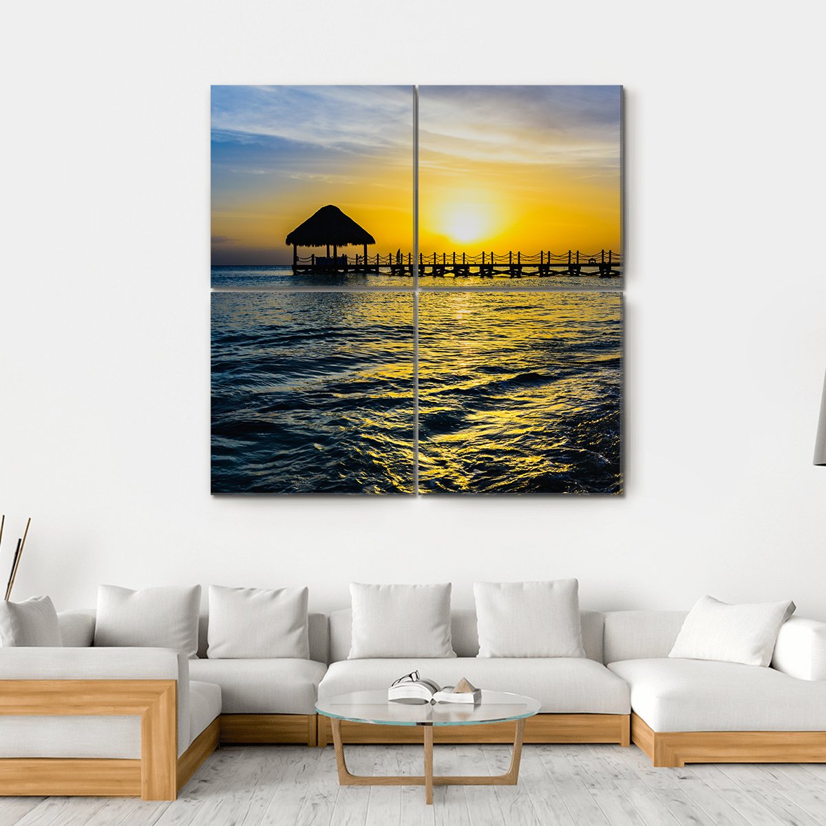 Tropical Sunset View Of Pier Of Caribbean Beach Canvas Wall Art-4 Square-Gallery Wrap-17" x 17"-Tiaracle