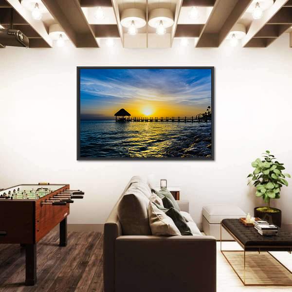 Tropical Sunset View Of Pier Of Caribbean Beach Canvas Wall Art-3 Horizontal-Gallery Wrap-25" x 16"-Tiaracle