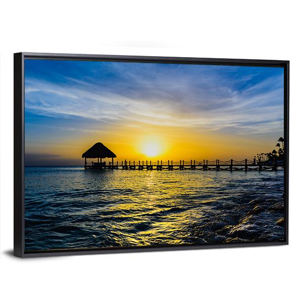 Tropical Sunset View Of Pier Of Caribbean Beach Canvas Wall Art-5 Horizontal-Gallery Wrap-22" x 12"-Tiaracle