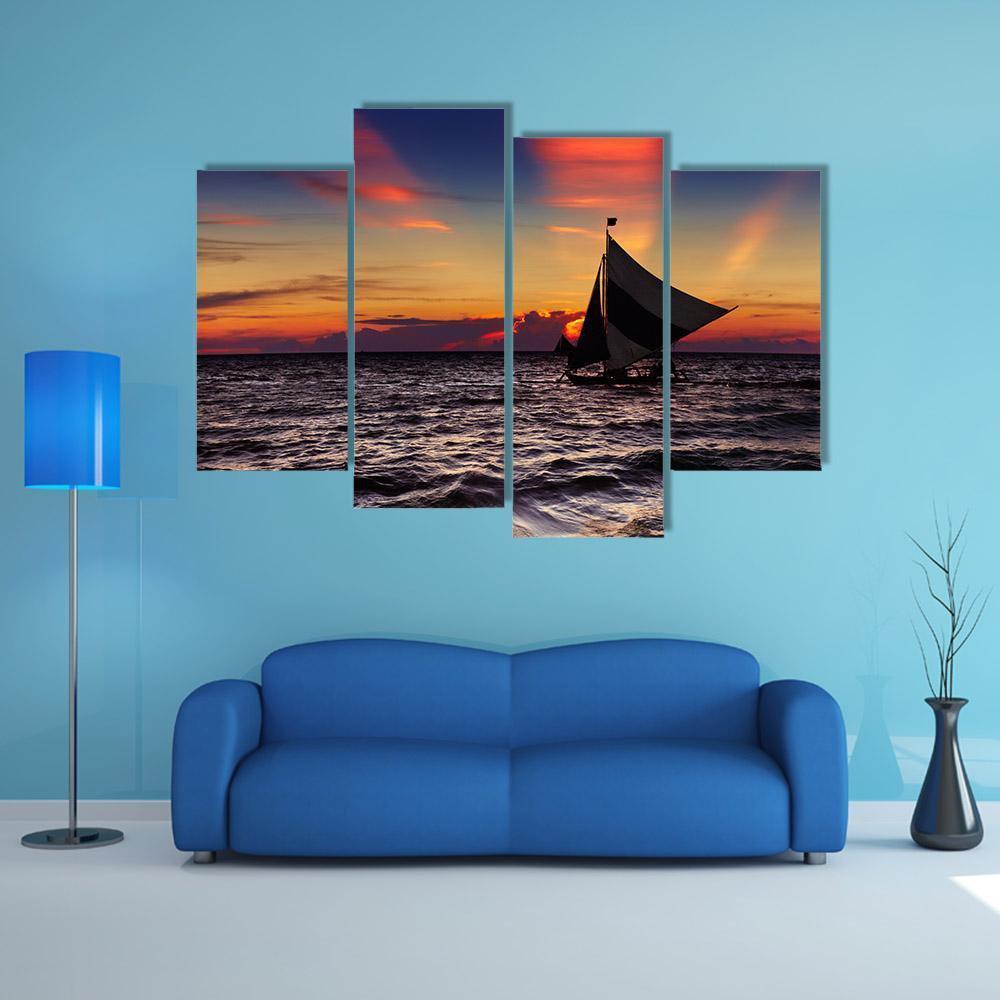 Tropical Sunset With Sailboat Canvas Wall Art-4 Pop-Gallery Wrap-50" x 32"-Tiaracle