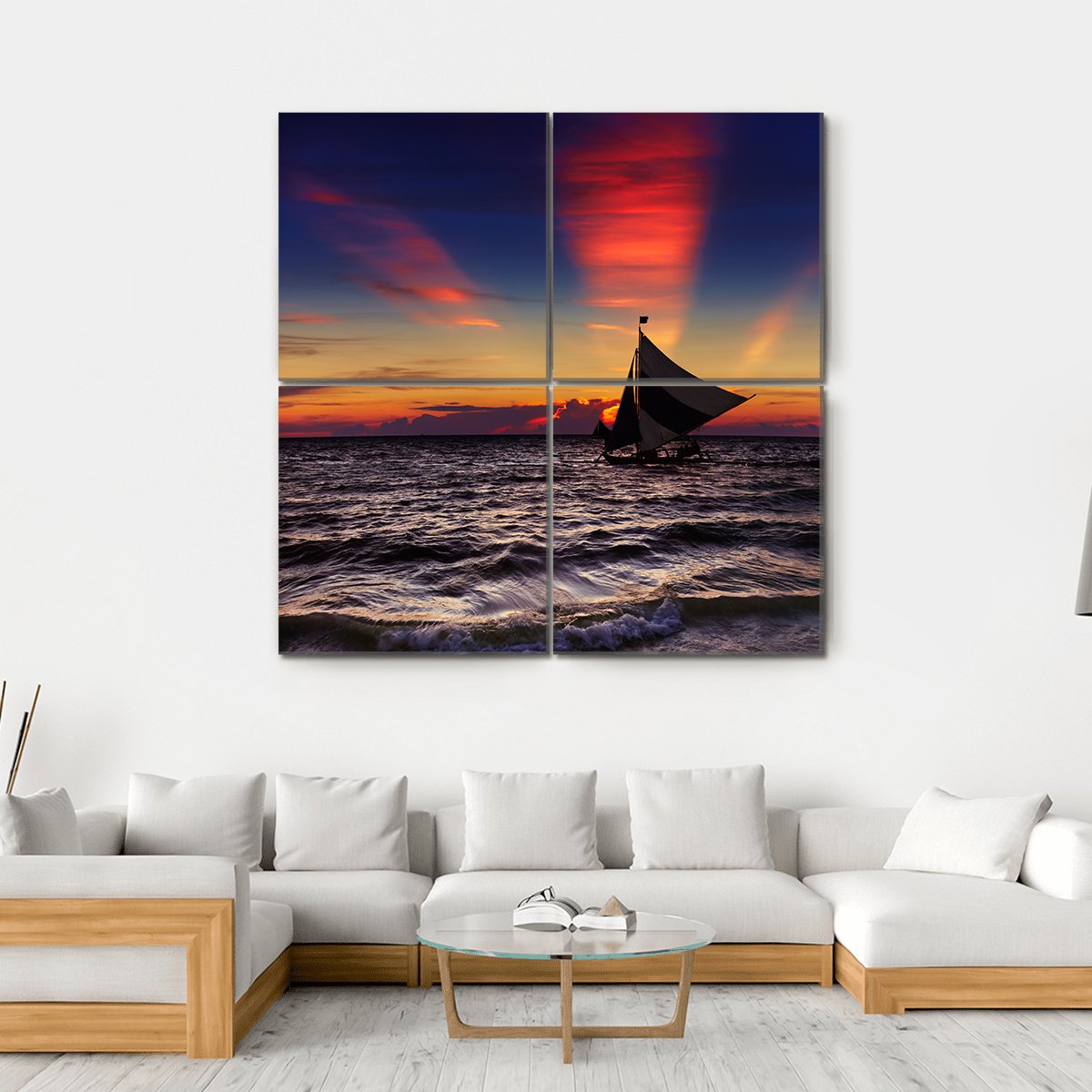Tropical Sunset With Sailboat Canvas Wall Art-4 Square-Gallery Wrap-17" x 17"-Tiaracle