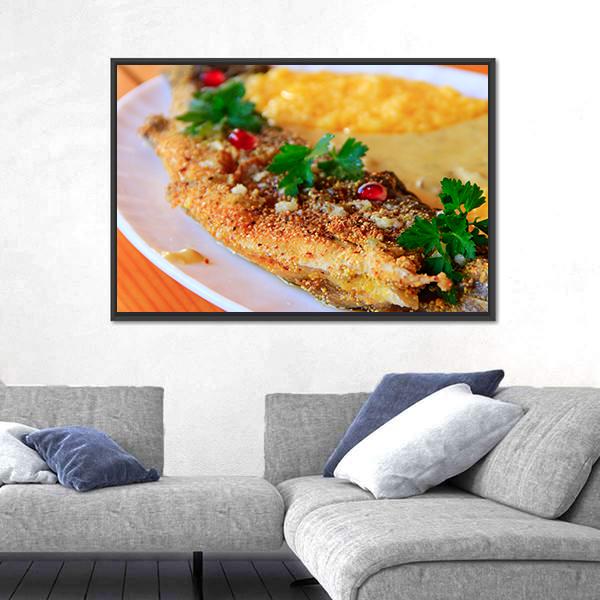 Trout Fried With Banusz Dish Canvas Wall Art-1 Piece-Floating Frame-24" x 16"-Tiaracle