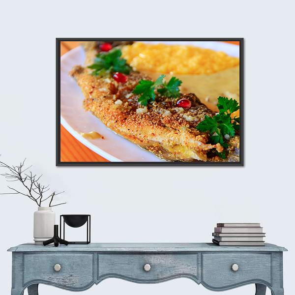 Trout Fried With Banusz Dish Canvas Wall Art-3 Horizontal-Gallery Wrap-25" x 16"-Tiaracle
