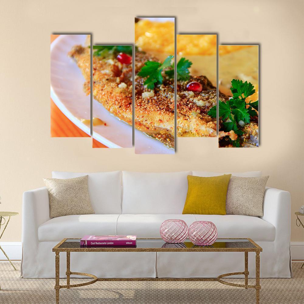 Trout Fried With Banusz Dish Canvas Wall Art-5 Pop-Gallery Wrap-47" x 32"-Tiaracle