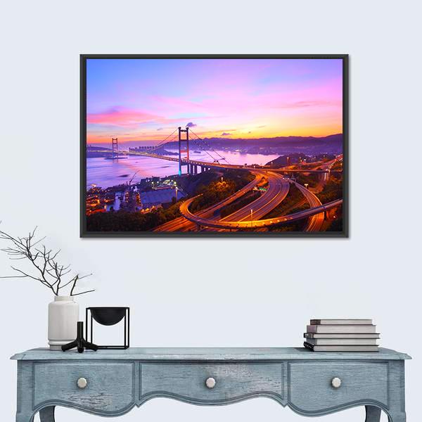 Tsing Ma Bridge At Sunset Moment Canvas Wall Art-5 Horizontal-Gallery Wrap-22" x 12"-Tiaracle