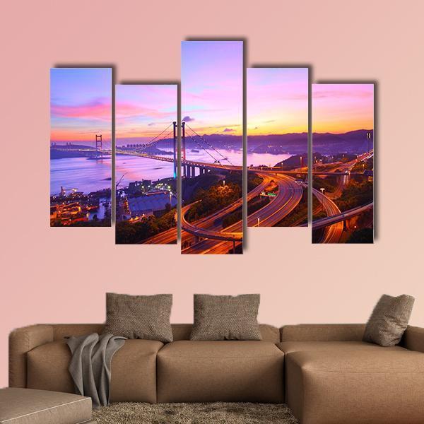 Tsing Ma Bridge At Sunset Moment Canvas Wall Art-5 Pop-Gallery Wrap-47" x 32"-Tiaracle