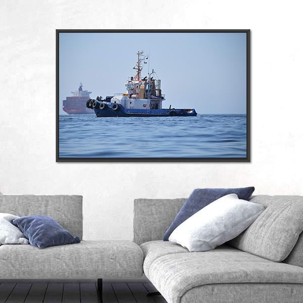 Tugboat & Container Ship Canvas Wall Art-1 Piece-Floating Frame-24" x 16"-Tiaracle