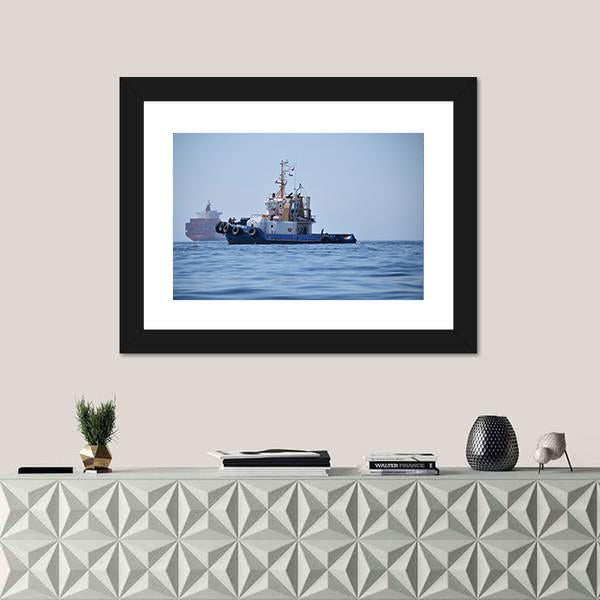 Tugboat & Container Ship Canvas Wall Art-3 Horizontal-Gallery Wrap-25" x 16"-Tiaracle