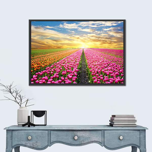 Tulip Field At Sunrise Canvas Wall Art-3 Horizontal-Gallery Wrap-25" x 16"-Tiaracle