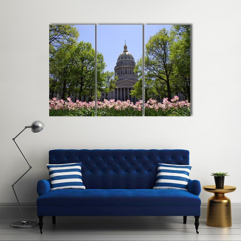 Tulip Garden In Front Of West Virginia Capital Canvas Wall Art-3 Horizontal-Gallery Wrap-37" x 24"-Tiaracle