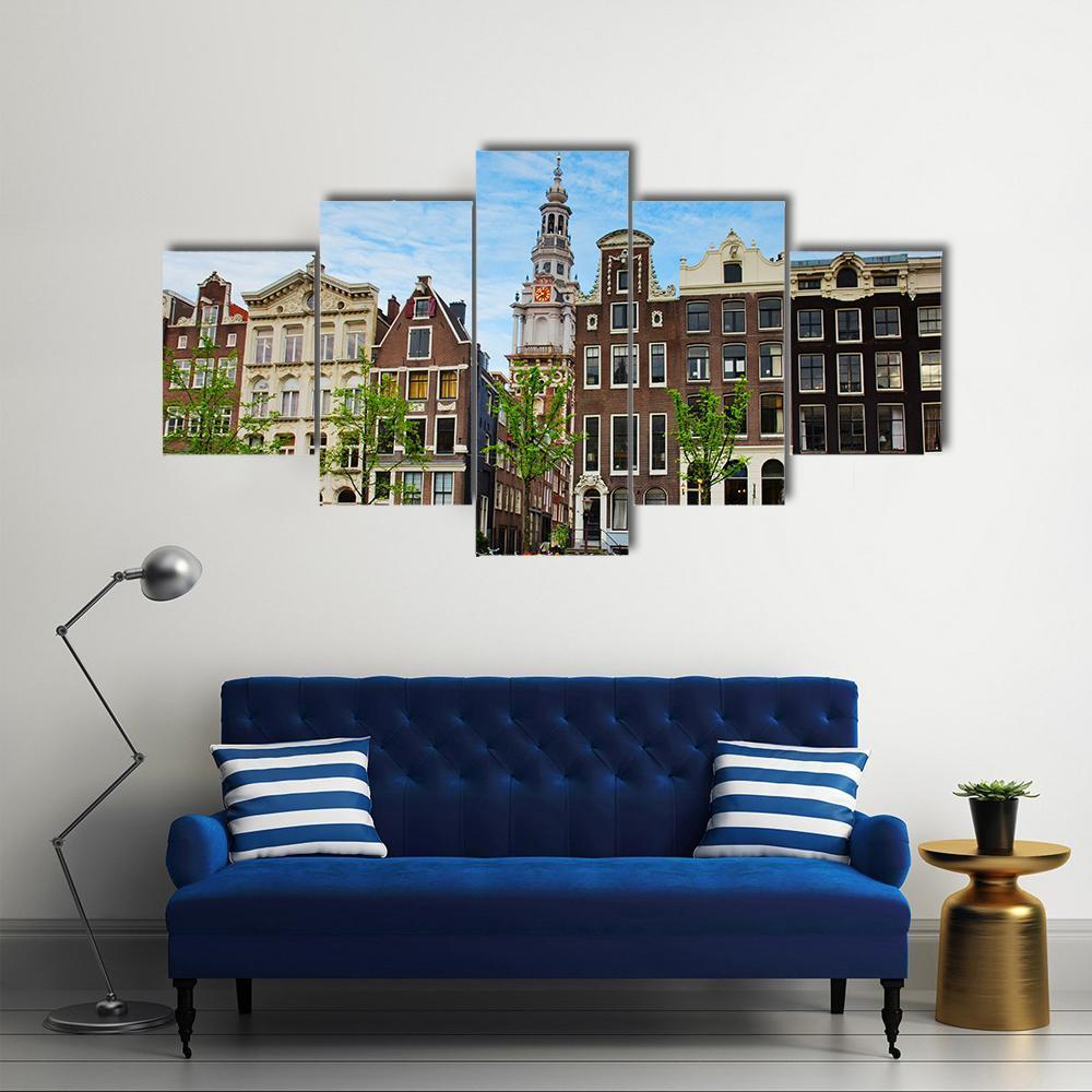 Tulips And Facades Of Old Houses In Amsterdam Canvas Wall Art-5 Star-Gallery Wrap-62" x 32"-Tiaracle