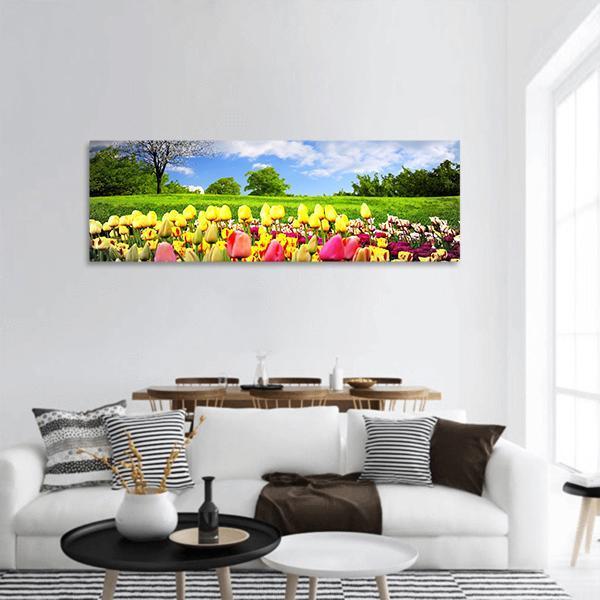 Tulips & Spring Meadow Panoramic Canvas Wall Art-1 Piece-36" x 12"-Tiaracle